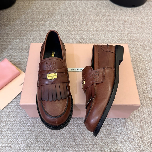 MIUMIU 26S FRINGE PENNY LOAFERS IN VINTAGE BROWN CALFSKIN