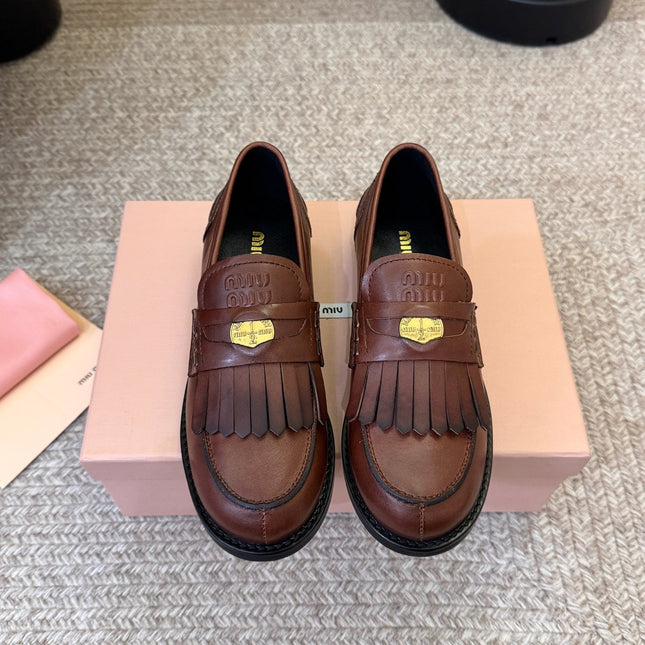 MIUMIU 26S FRINGE PENNY LOAFERS IN VINTAGE BROWN CALFSKIN
