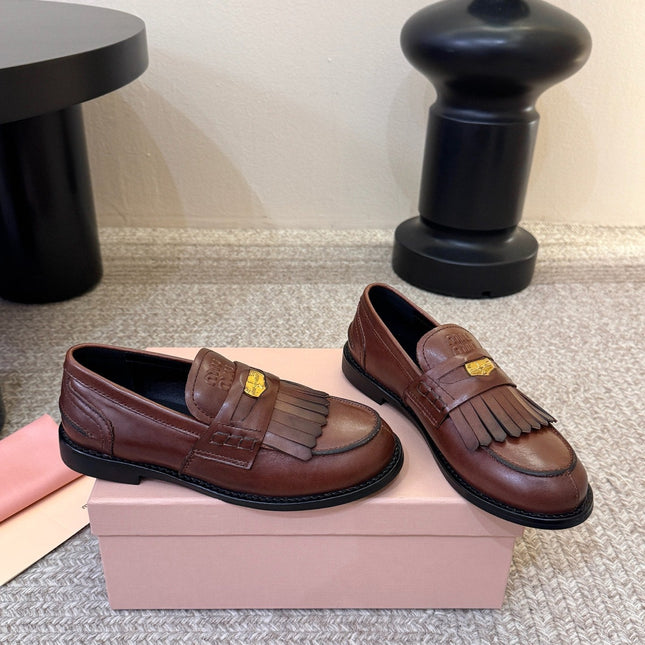 MIUMIU 26S FRINGE PENNY LOAFERS IN VINTAGE BROWN CALFSKIN