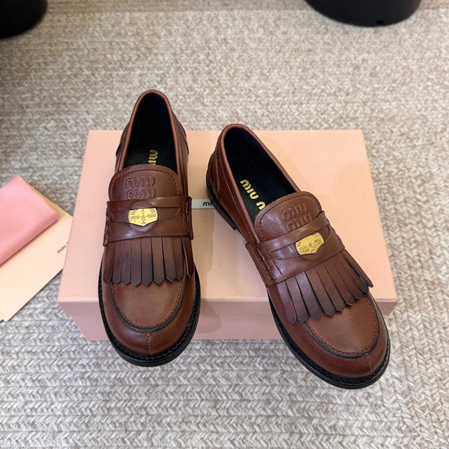 MIUMIU 26S FRINGE PENNY LOAFERS IN VINTAGE BROWN CALFSKIN