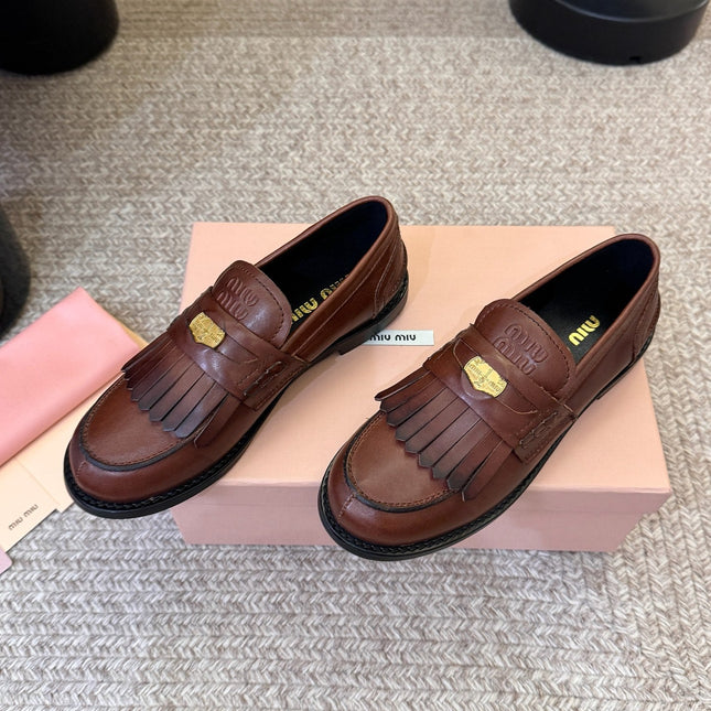 MIUMIU 26S FRINGE PENNY LOAFERS IN VINTAGE BROWN CALFSKIN