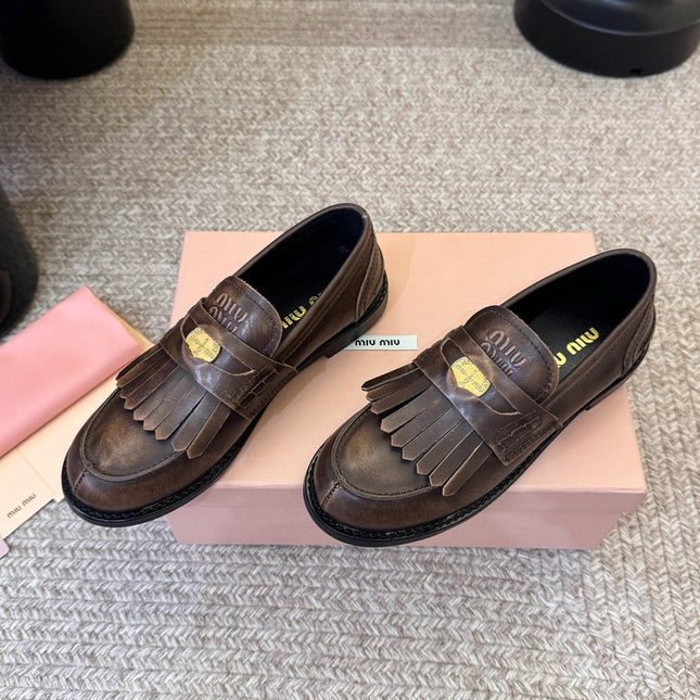 MIUMIU 26S FRINGE PENNY LOAFERS IN DARK BROWN CALFSKIN