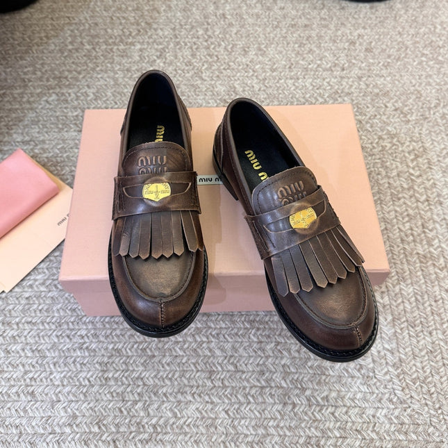 MIUMIU 26S FRINGE PENNY LOAFERS IN DARK BROWN CALFSKIN