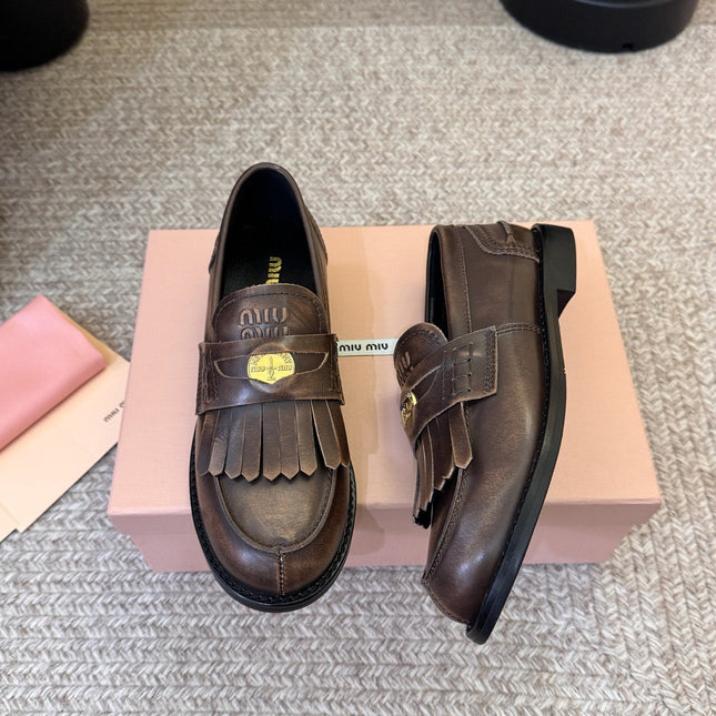 MIUMIU 26S FRINGE PENNY LOAFERS IN DARK BROWN CALFSKIN