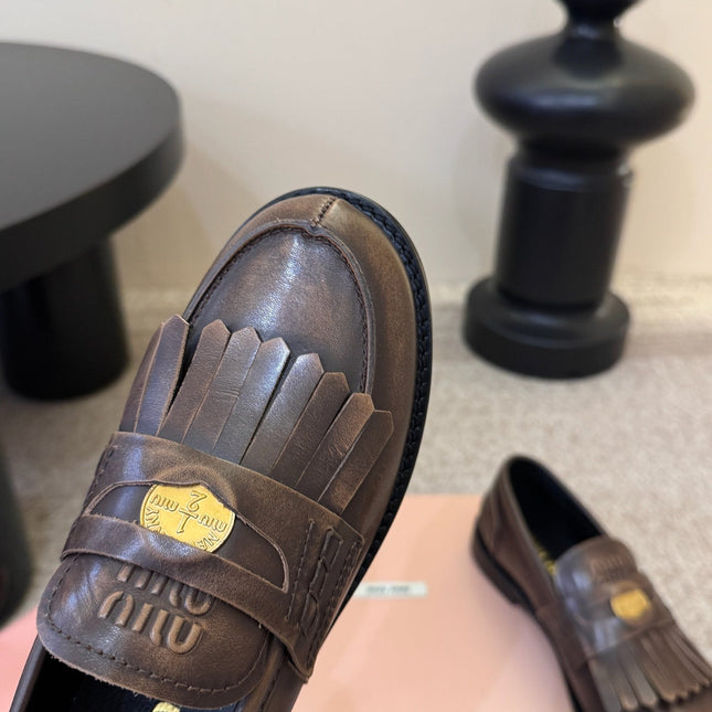 MIUMIU 26S FRINGE PENNY LOAFERS IN DARK BROWN CALFSKIN