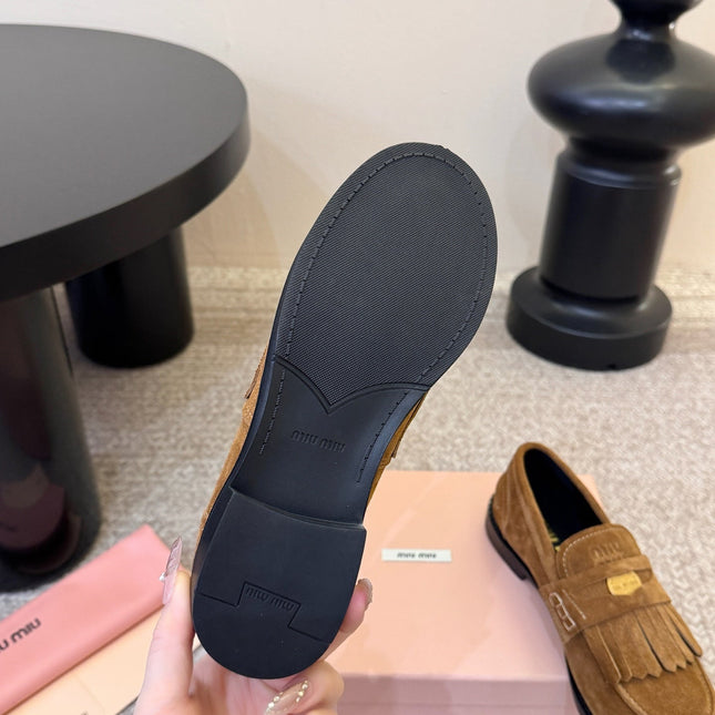 MIUMIU 26S FRINGE PENNY LOAFERS IN CAMEL BROWN SUEDE