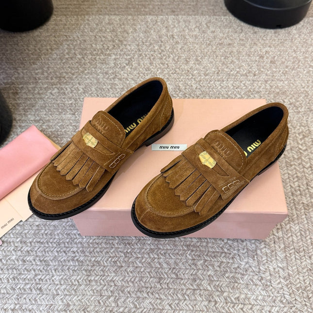 MIUMIU 26S FRINGE PENNY LOAFERS IN CAMEL BROWN SUEDE
