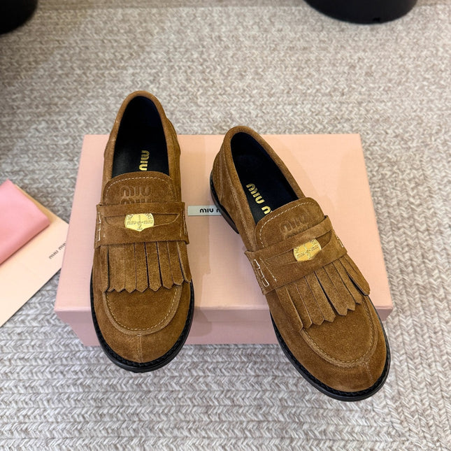 MIUMIU 26S FRINGE PENNY LOAFERS IN CAMEL BROWN SUEDE