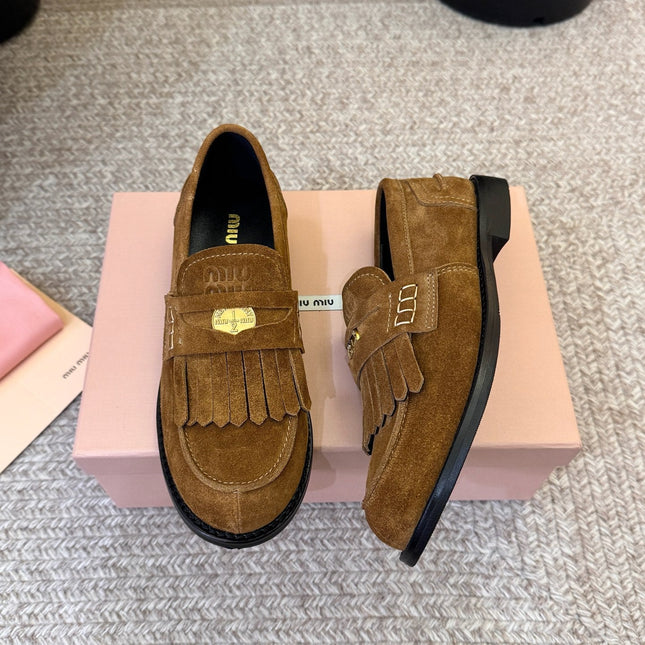 MIUMIU 26S FRINGE PENNY LOAFERS IN CAMEL BROWN SUEDE