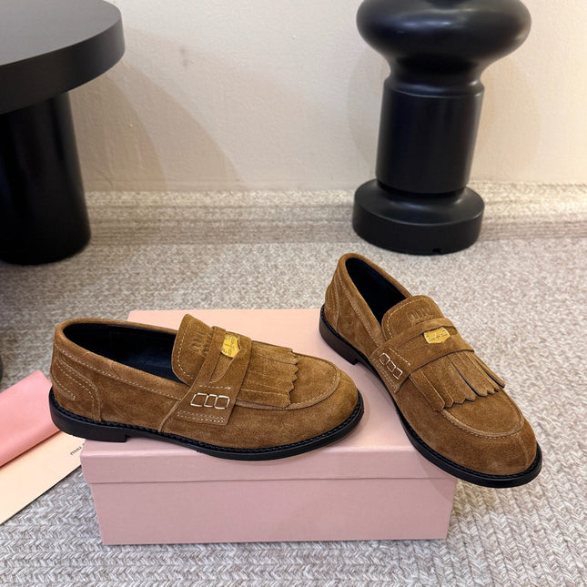 MIUMIU 26S FRINGE PENNY LOAFERS IN CAMEL BROWN SUEDE