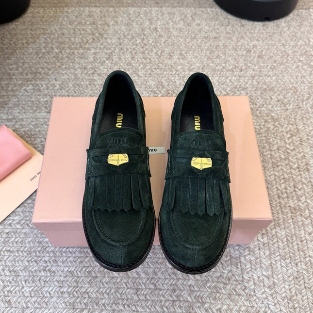 MIUMIU 26S FRINGE PENNY LOAFERS IN DARK GREEN SUEDE