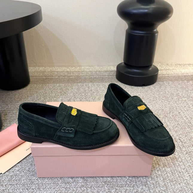 MIUMIU 26S FRINGE PENNY LOAFERS IN DARK GREEN SUEDE