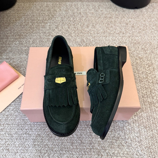 MIUMIU 26S FRINGE PENNY LOAFERS IN DARK GREEN SUEDE