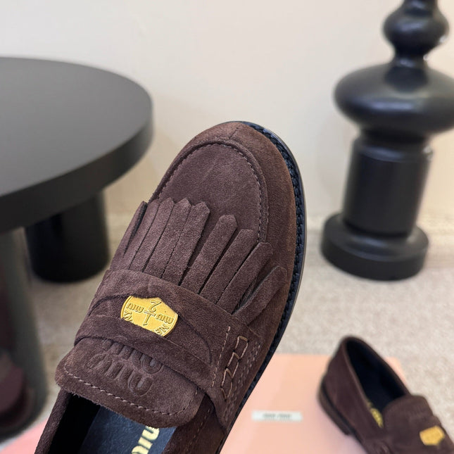 MIUMIU 26S FRINGE PENNY LOAFERS IN DARK BROWN SUEDE