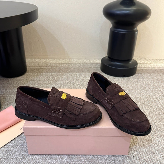 MIUMIU 26S FRINGE PENNY LOAFERS IN DARK BROWN SUEDE