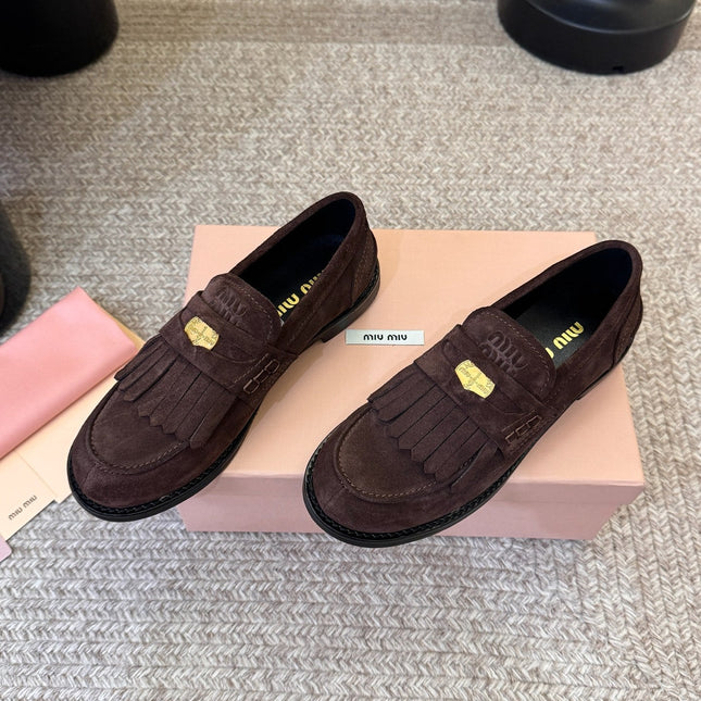 MIUMIU 26S FRINGE PENNY LOAFERS IN DARK BROWN SUEDE