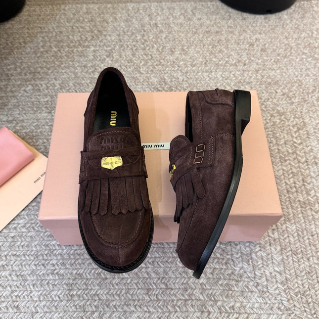 MIUMIU 26S FRINGE PENNY LOAFERS IN DARK BROWN SUEDE