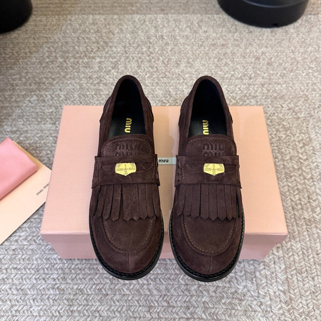 MIUMIU 26S FRINGE PENNY LOAFERS IN DARK BROWN SUEDE