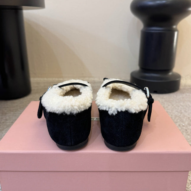 MIUMIU 26S SHEARLING-LINED MARY JANE IN BLACK SUEDE
