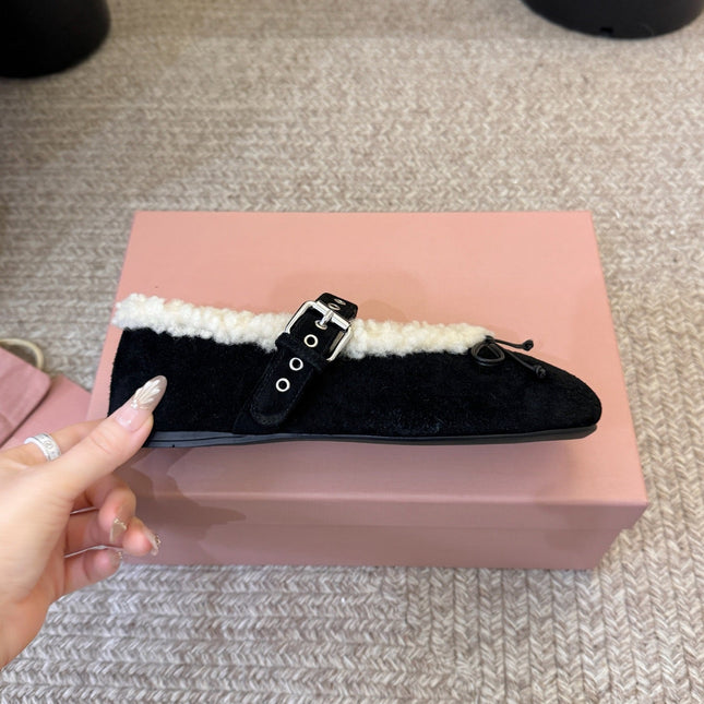 MIUMIU 26S SHEARLING-LINED MARY JANE IN BLACK SUEDE