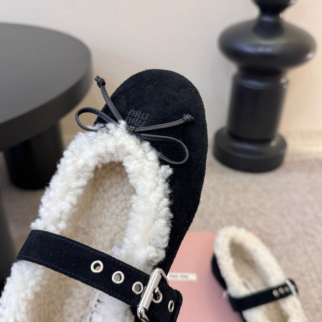 MIUMIU 26S SHEARLING-LINED MARY JANE IN BLACK SUEDE