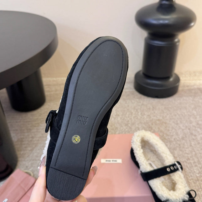 MIUMIU 26S SHEARLING-LINED MARY JANE IN BLACK SUEDE
