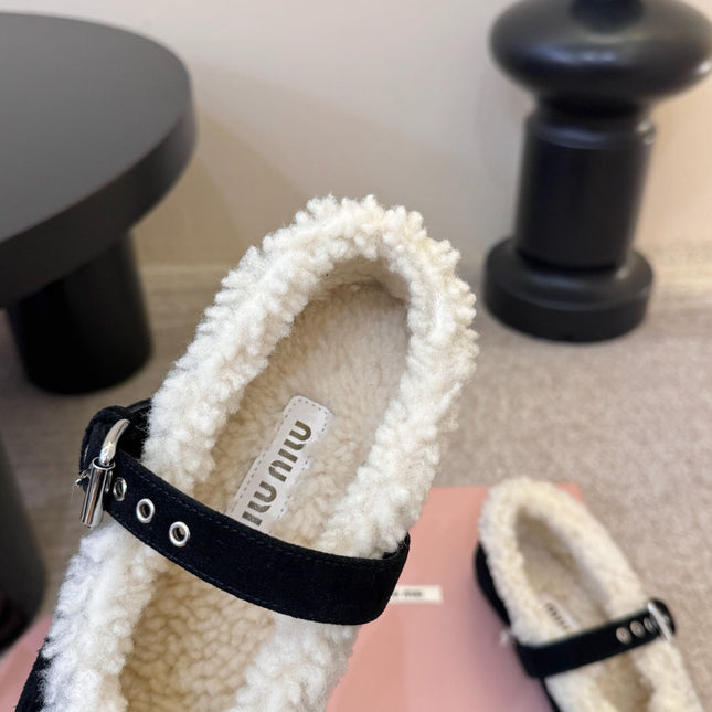 MIUMIU 26S SHEARLING-LINED MARY JANE IN BLACK SUEDE