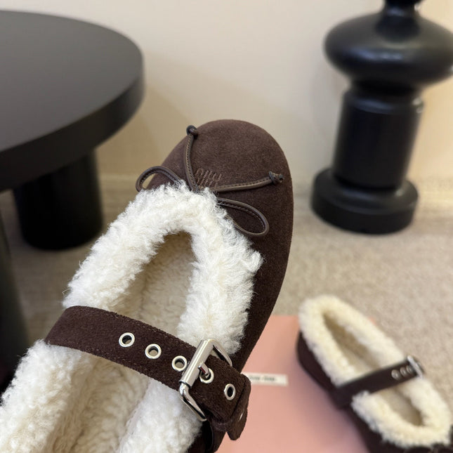 MIUMIU 26S SHEARLING-LINED MARY JANE IN DARK BROWN SUEDE