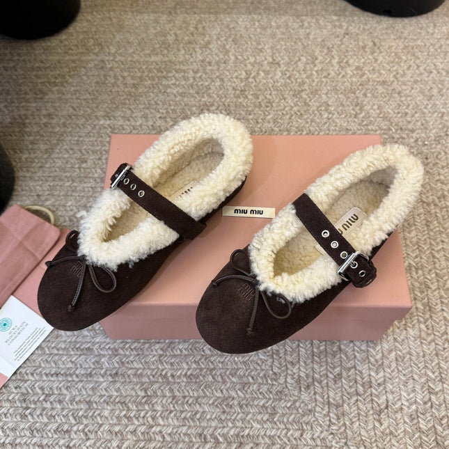 MIUMIU 26S SHEARLING-LINED MARY JANE IN DARK BROWN SUEDE