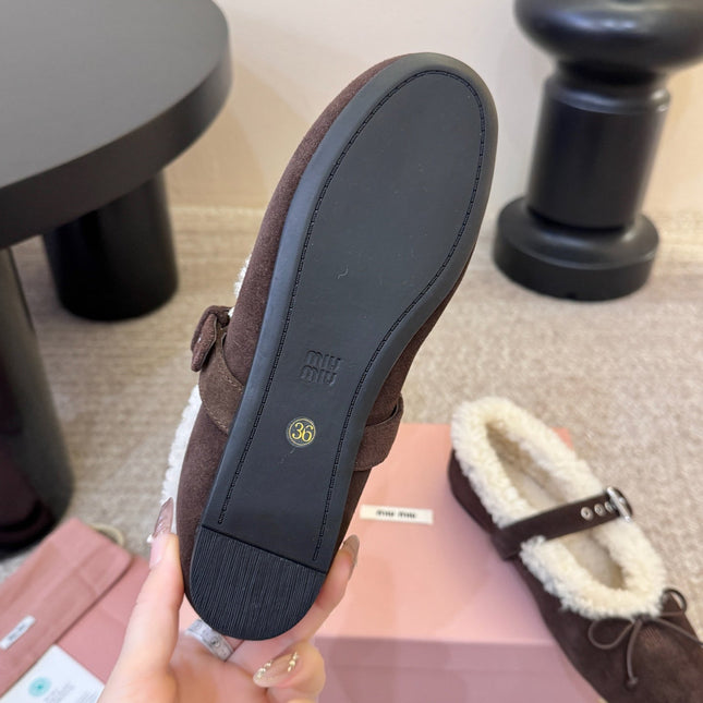 MIUMIU 26S SHEARLING-LINED MARY JANE IN DARK BROWN SUEDE