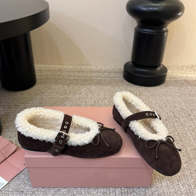 MIUMIU 26S SHEARLING-LINED MARY JANE IN DARK BROWN SUEDE