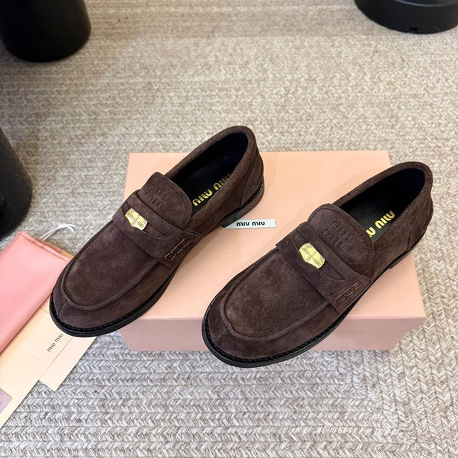 MIUMIU 26S COIN PENNY LOAFERS IN DARK BROWN SUEDE