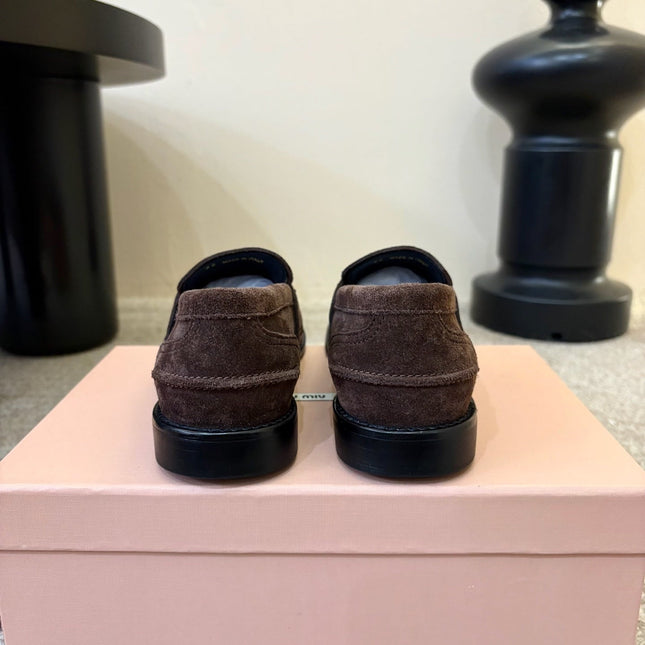 MIUMIU 26S COIN PENNY LOAFERS IN DARK BROWN SUEDE