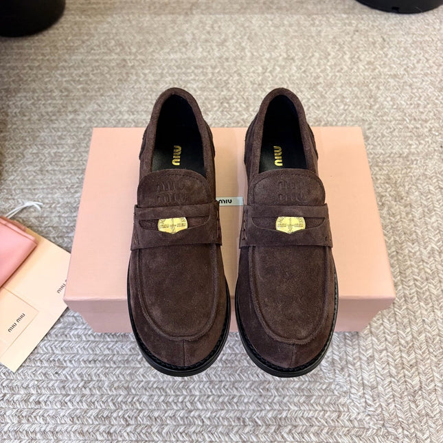 MIUMIU 26S COIN PENNY LOAFERS IN DARK BROWN SUEDE