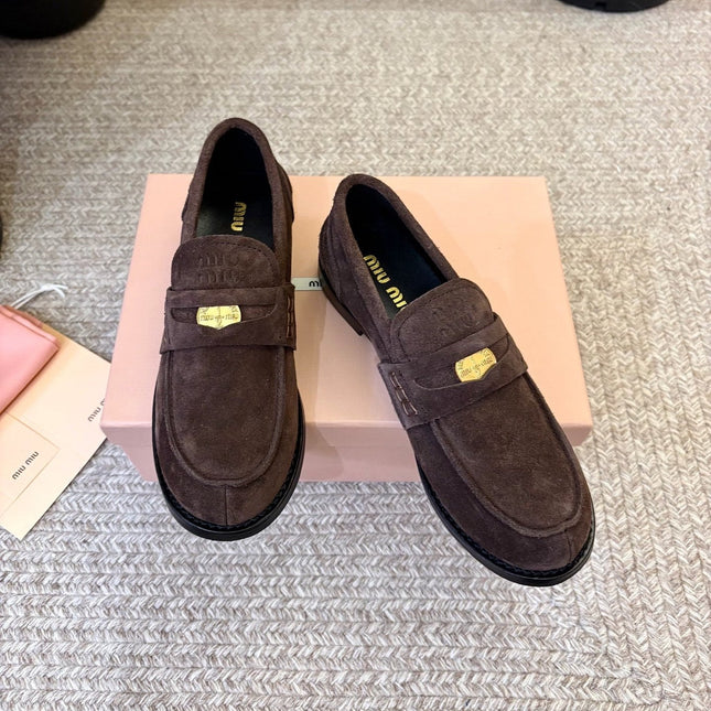 MIUMIU 26S COIN PENNY LOAFERS IN DARK BROWN SUEDE