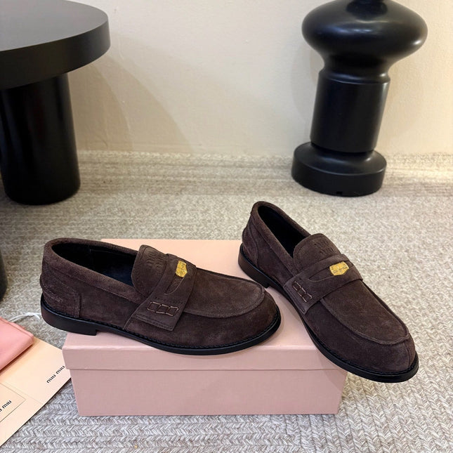 MIUMIU 26S COIN PENNY LOAFERS IN DARK BROWN SUEDE