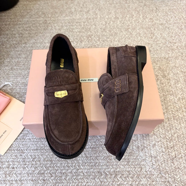 MIUMIU 26S COIN PENNY LOAFERS IN DARK BROWN SUEDE