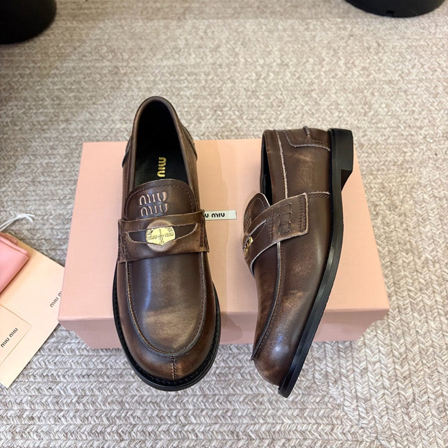 MIUMIU 26S COIN PENNY LOAFERS IN DARK BROWN CALFSKIN