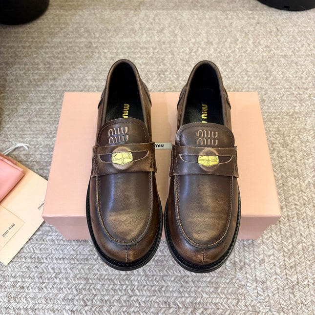 MIUMIU 26S COIN PENNY LOAFERS IN DARK BROWN CALFSKIN