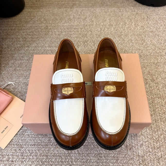 MIUMIU 26S COIN PENNY LOAFERS IN BROWN MIX WHITE CALFSKIN