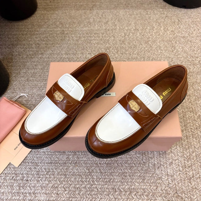 MIUMIU 26S COIN PENNY LOAFERS IN BROWN MIX WHITE CALFSKIN