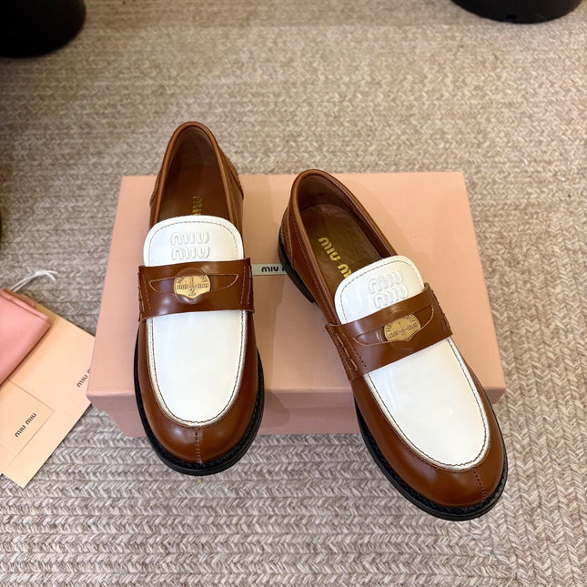MIUMIU 26S COIN PENNY LOAFERS IN BROWN MIX WHITE CALFSKIN