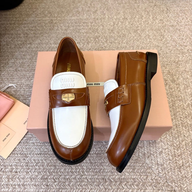 MIUMIU 26S COIN PENNY LOAFERS IN BROWN MIX WHITE CALFSKIN