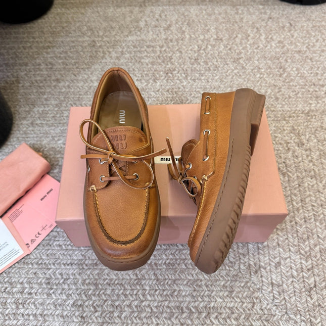 MIUMIU 26S LACE-UP LOAFERS IN COGNAC BROWN CALFSKIN RUBBER SOLE
