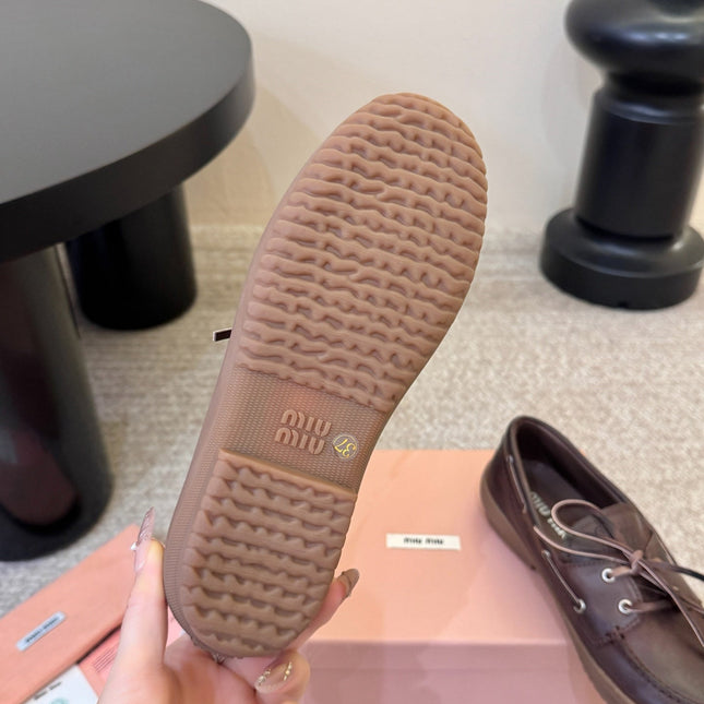 MIUMIU 26S LACE-UP LOAFERS IN DARK BROWN CALFSKIN RUBBER SOLE