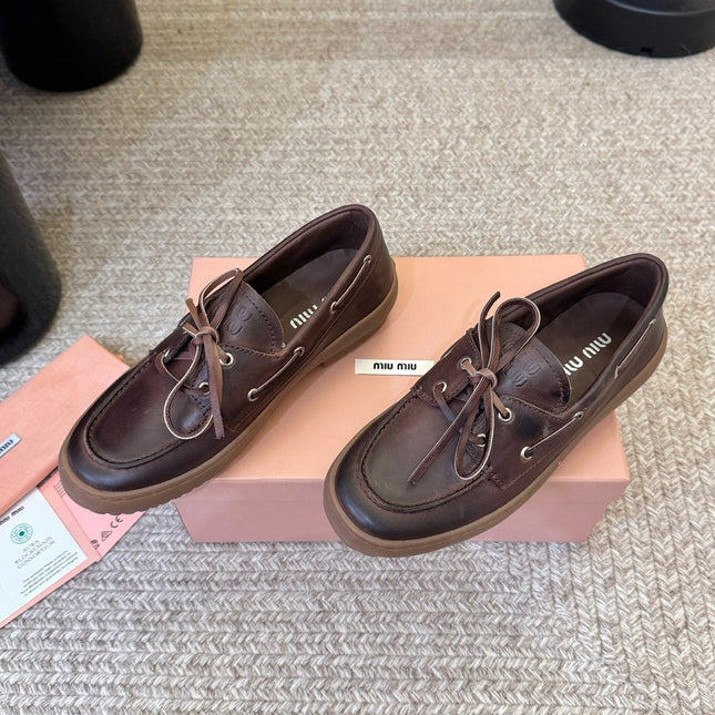 MIUMIU 26S LACE-UP LOAFERS IN DARK BROWN CALFSKIN RUBBER SOLE