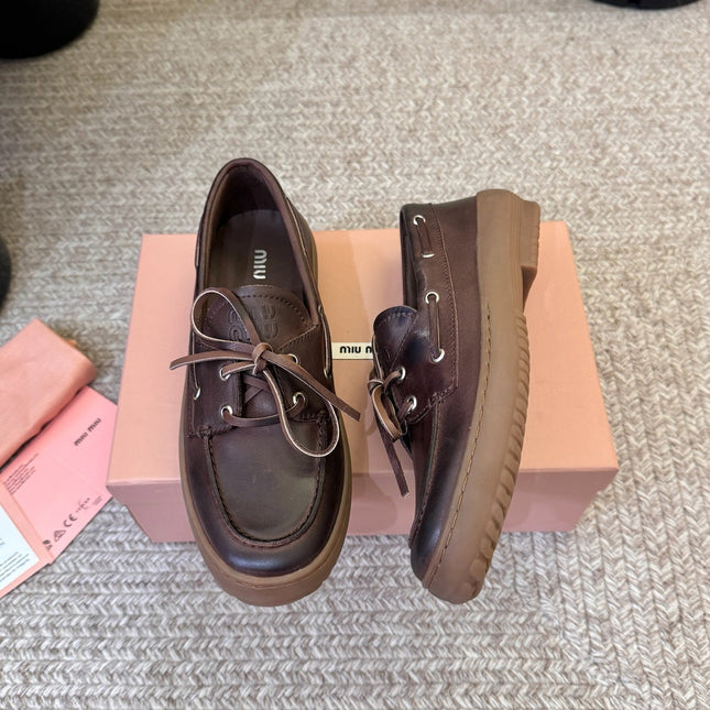 MIUMIU 26S LACE-UP LOAFERS IN DARK BROWN CALFSKIN RUBBER SOLE