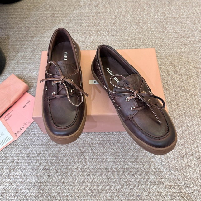 MIUMIU 26S LACE-UP LOAFERS IN DARK BROWN CALFSKIN RUBBER SOLE