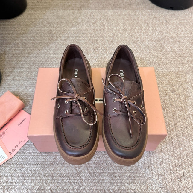 MIUMIU 26S LACE-UP LOAFERS IN DARK BROWN CALFSKIN RUBBER SOLE