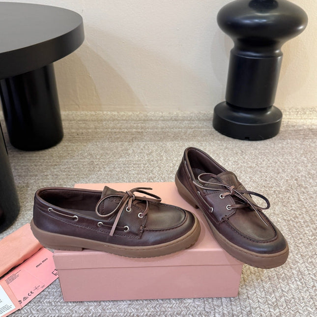 MIUMIU 26S LACE-UP LOAFERS IN DARK BROWN CALFSKIN RUBBER SOLE